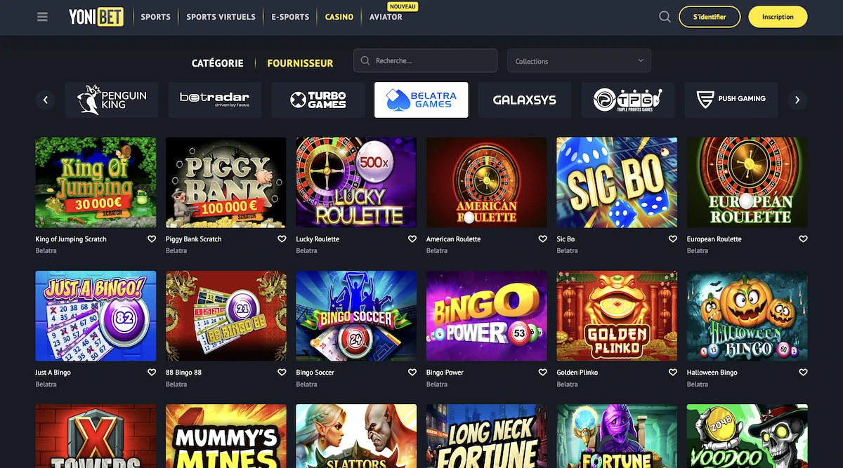 Selection de jeux sur Yonibet avec filtres fournisseurs