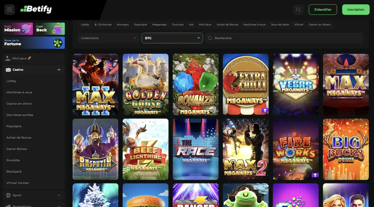 Selection de jeux Big Time Gaming sur le casino en ligne Betify