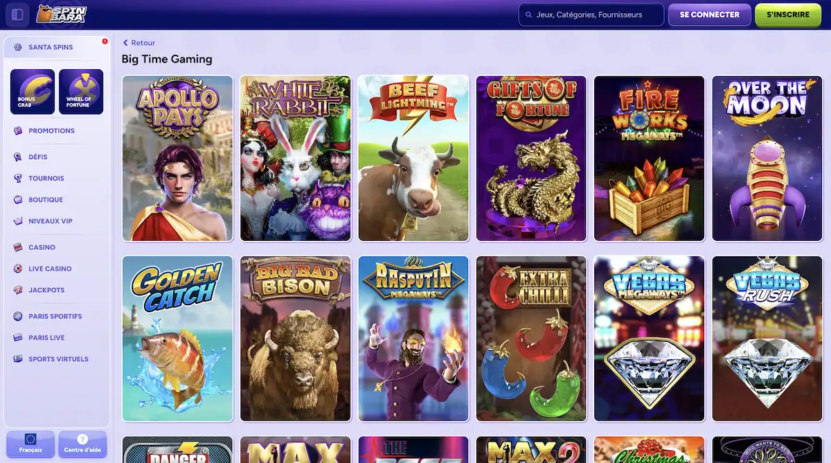Selection de jeux Big Time Gaming sur le casino en ligne Spinbara