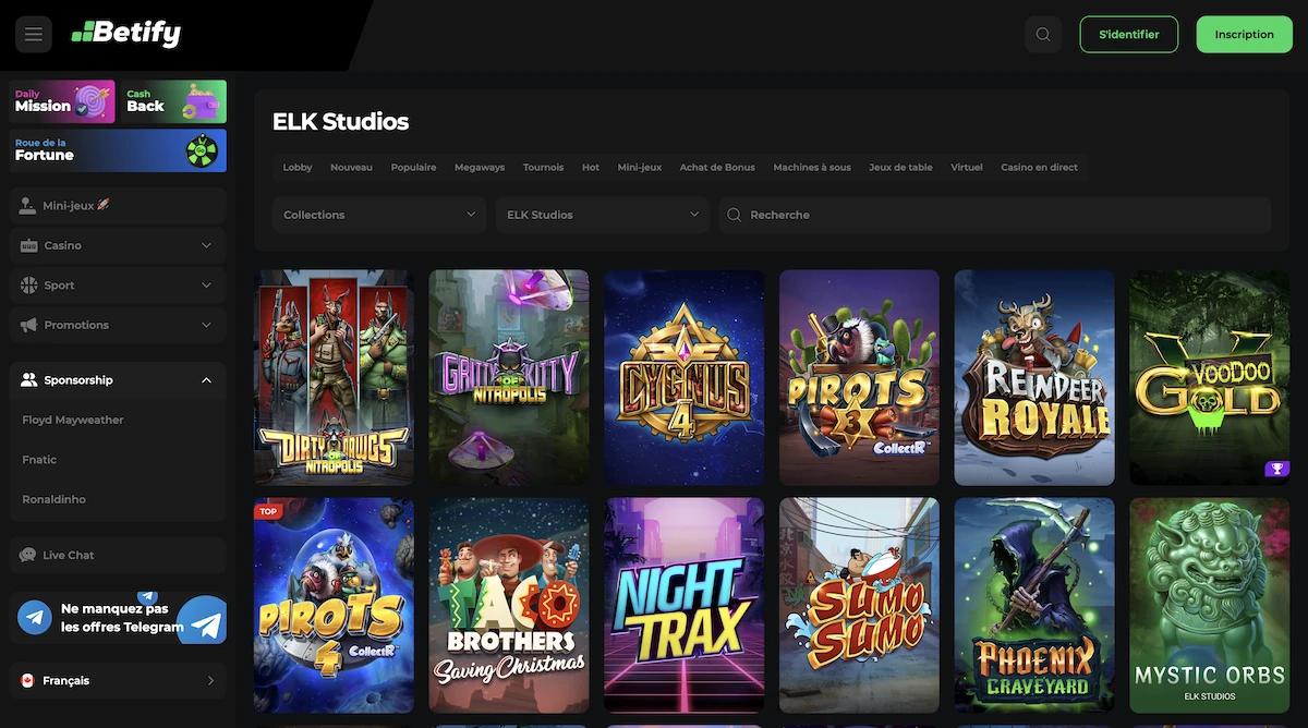 jeux du studio ElkStudios sur le casino Betify