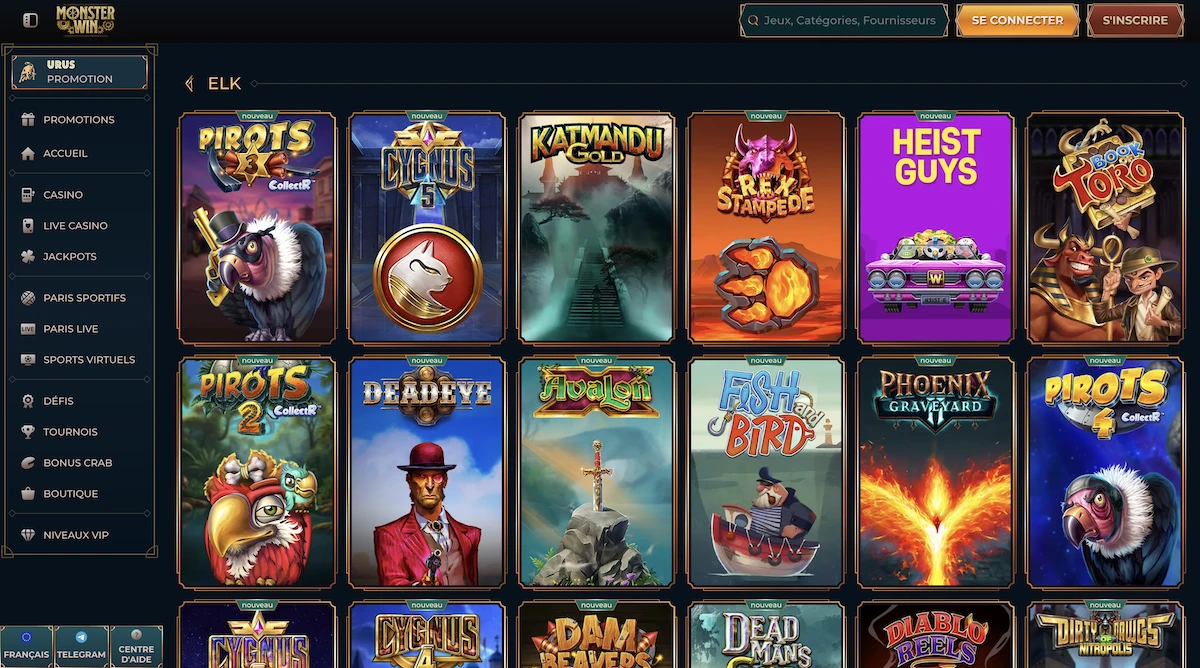 jeux du studio ElkStudios sur le casino MonsterWin