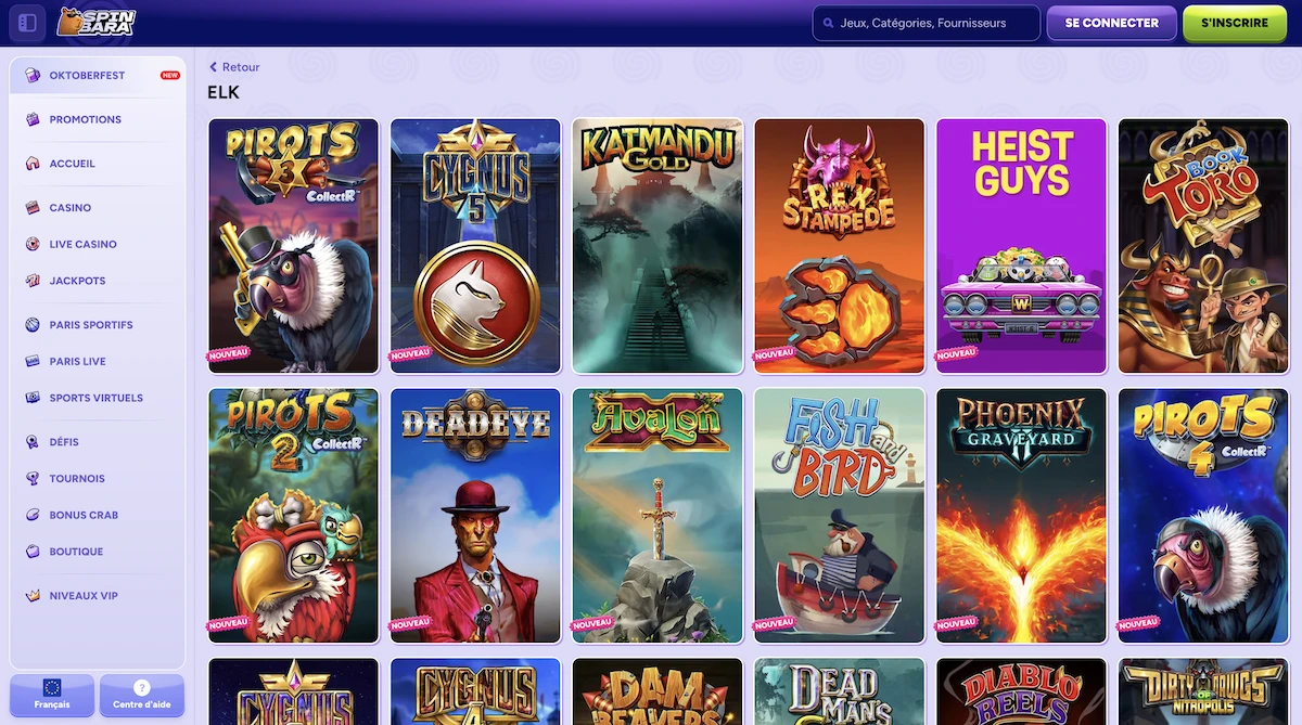 jeux du studio ElkStudios sur le casino Spinbara