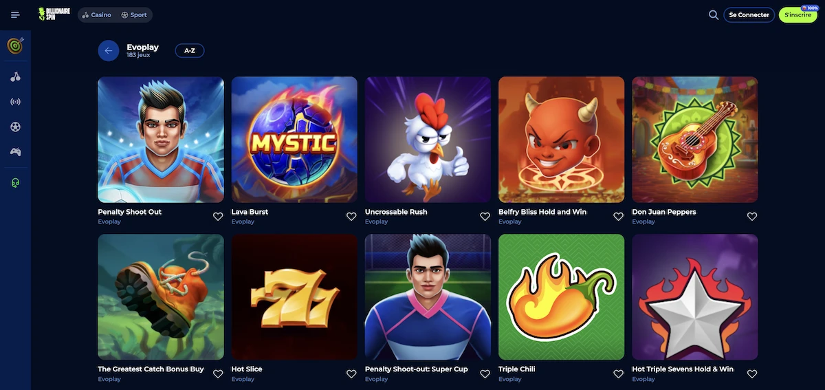 jeux du studio Evoplay sur le casino Billionaire Spin 