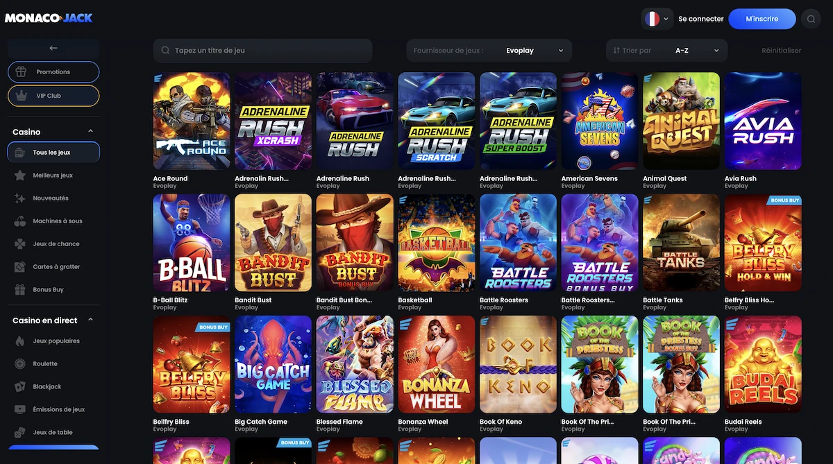 jeux du studio Evoplay sur le casino MonacoJack 