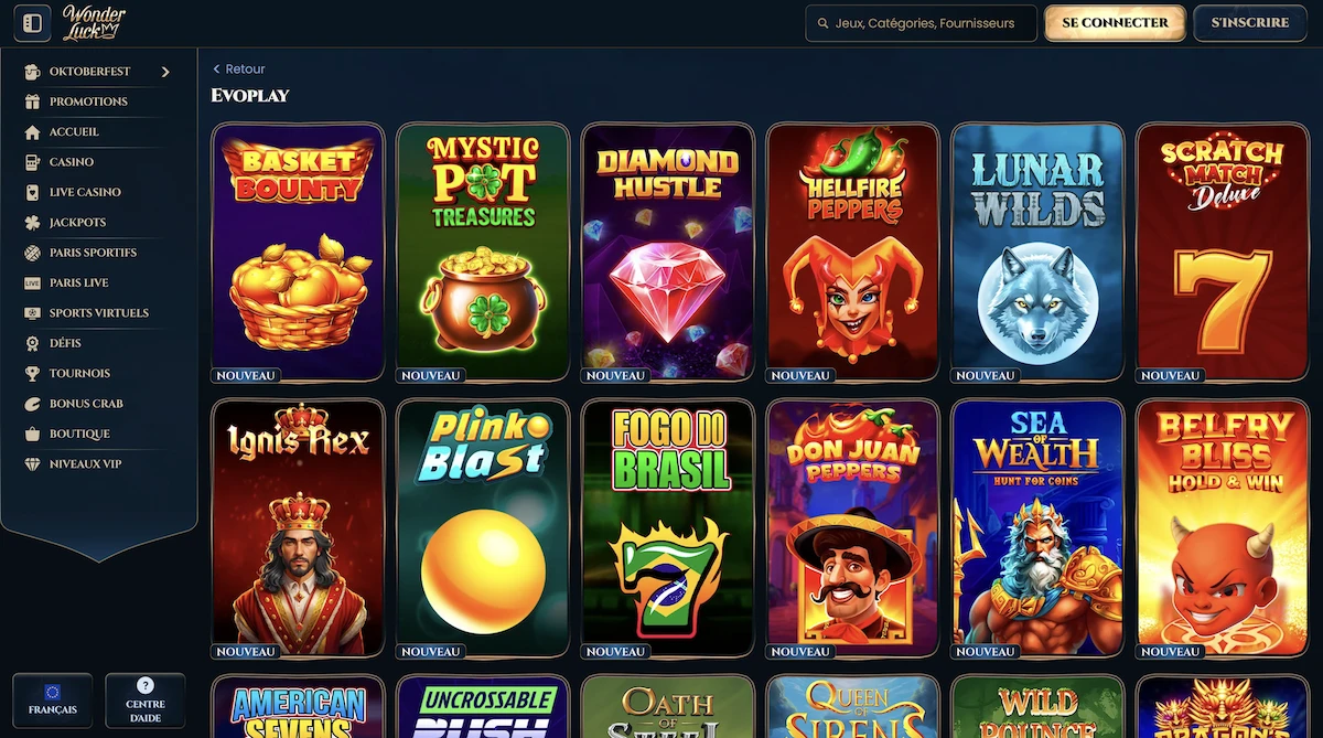 jeux du studio Evoplay sur le casino WonderLuck 