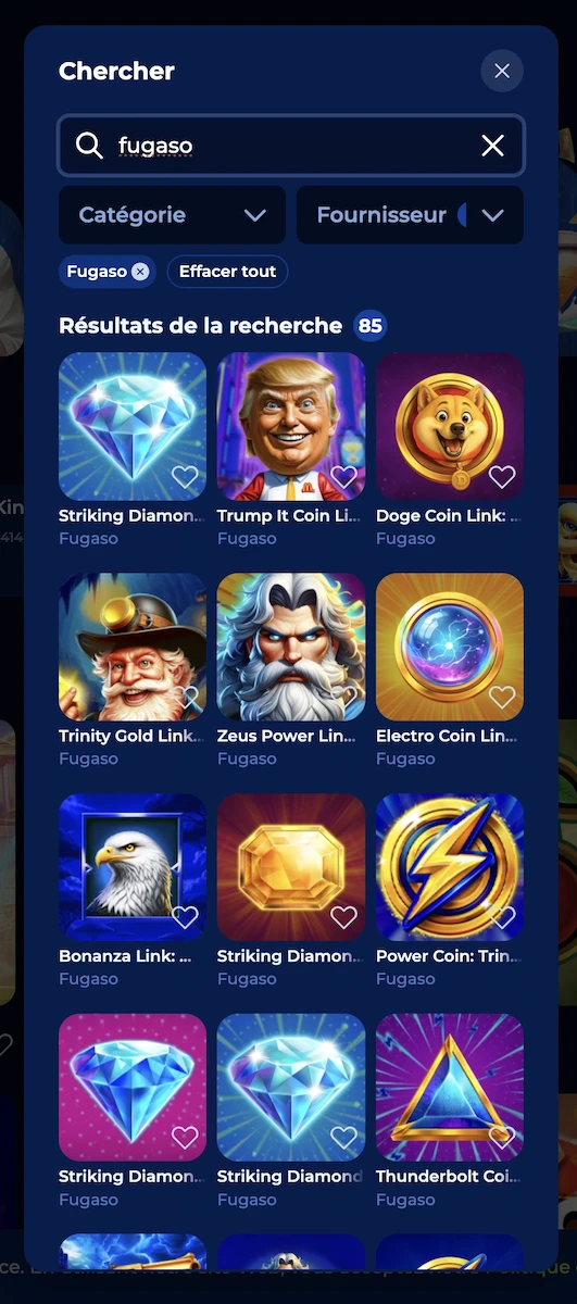 jeux du studio Fugaso sur le casino Billionaire Spin