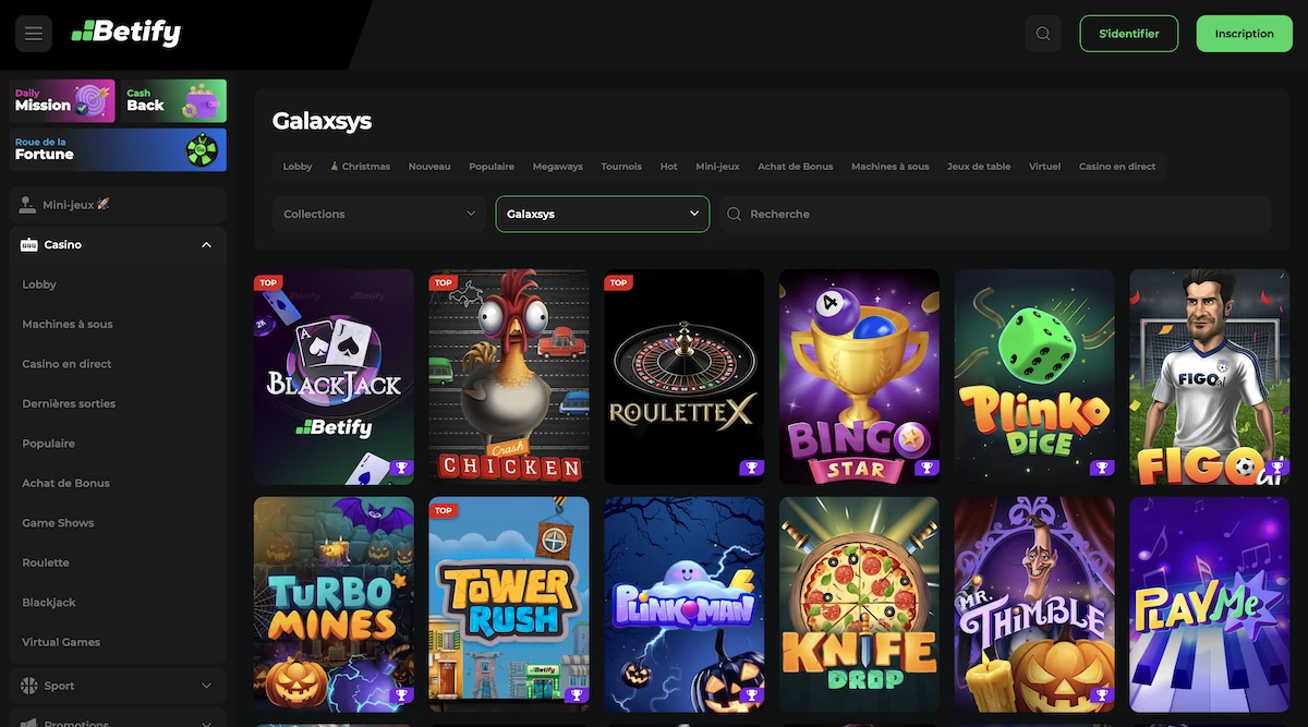 Selection de jeux Galaxsys sur le casino en ligne Betify
