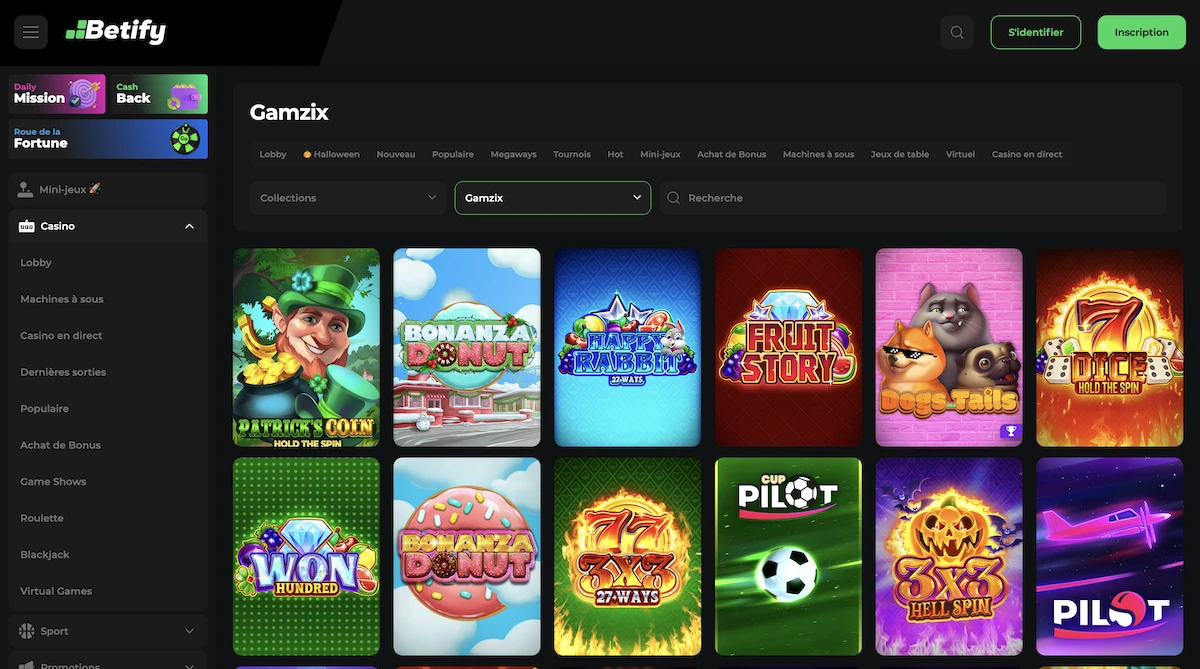 jeux du studio Gamzix sur le casino en ligne site de paris sportifs Betify