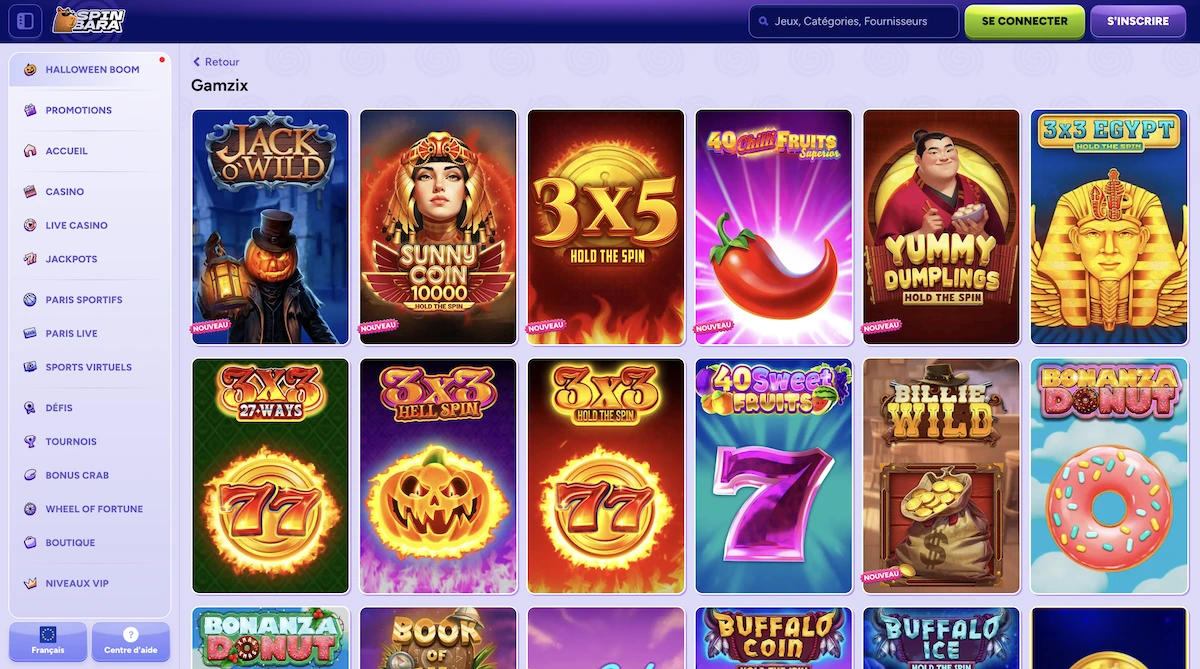jeux du studio Gamzix sur le casino Spinbara