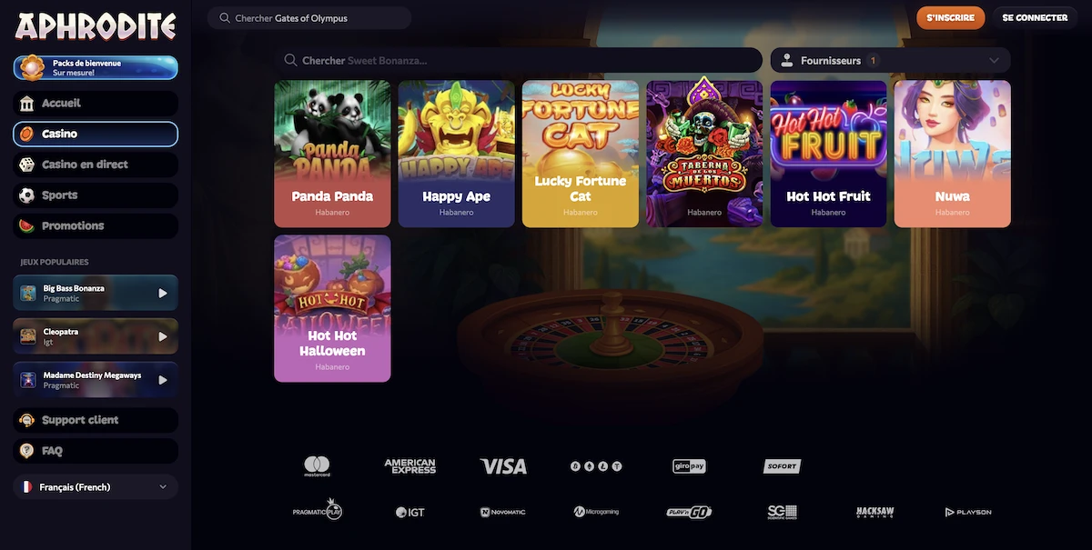 Selection de jeux Habanero Games sur le casino en ligne Aphrodite Casino