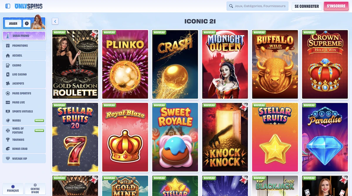 selection de jeux Iconic21 sur le casino en ligne OnlySpins