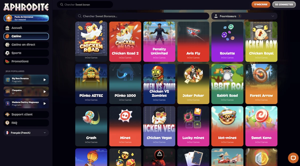 selection de jeux Inout sur Aphrodite Casino