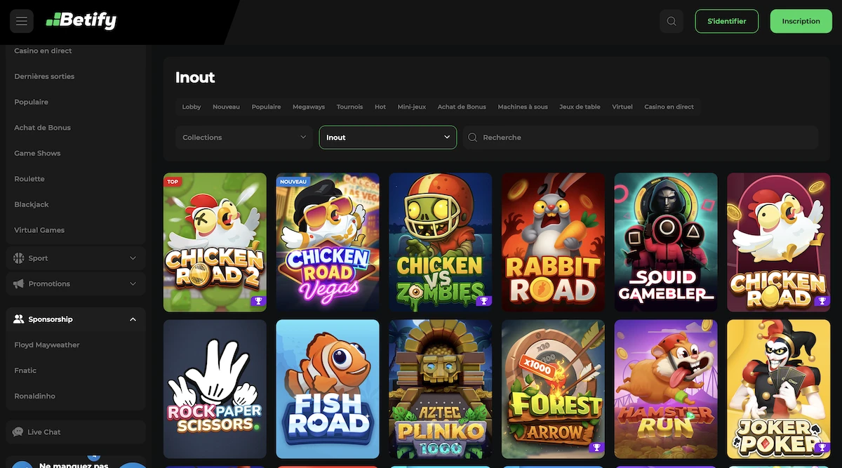 selection de jeux Inout sur Betify