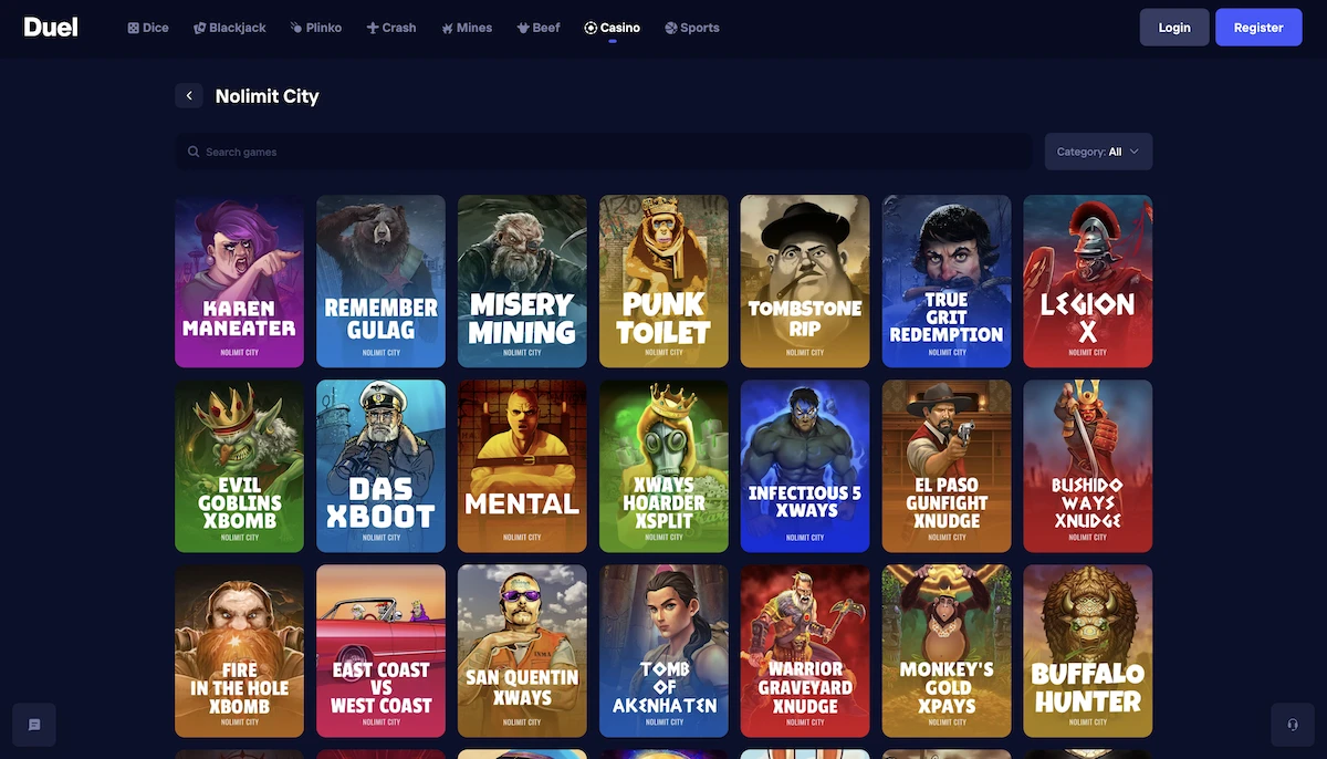 selection de jeux NoLimit City sur Duel