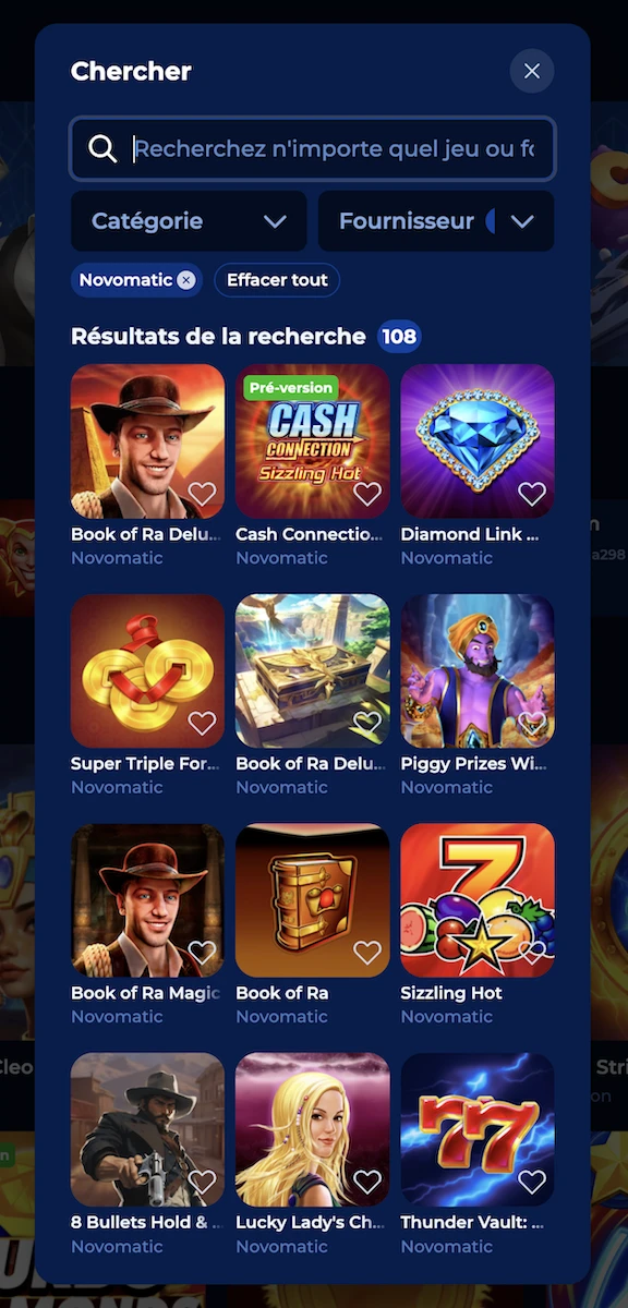 jeux du studio Novomatic sur le casino BillionaireSpin