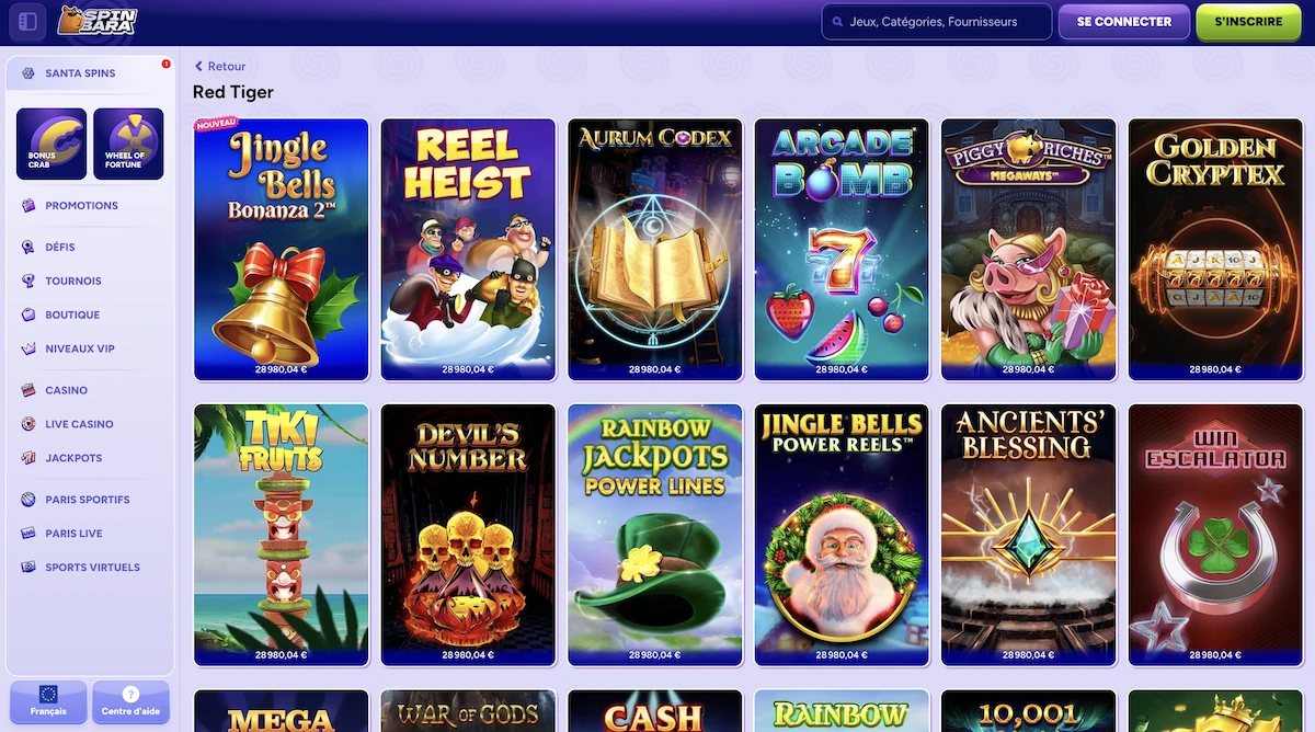 Selection de jeux RedTiger Gaming sur le casino en ligne Spinbara Casino