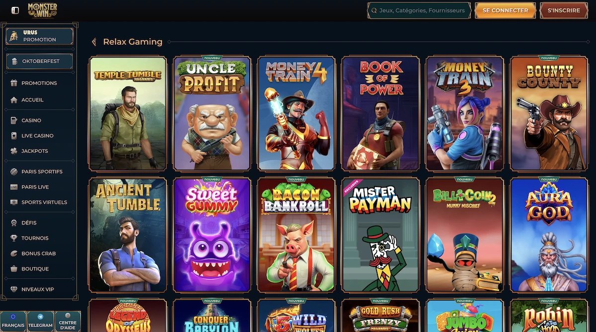 jeux du studio RelaxGaming sur le casino MonsterWin