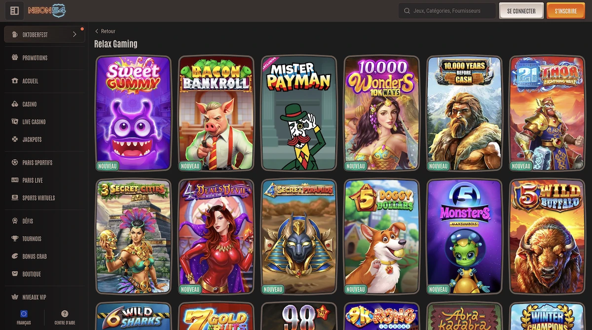 jeux du studio RelaxGaming sur le casino Neon54