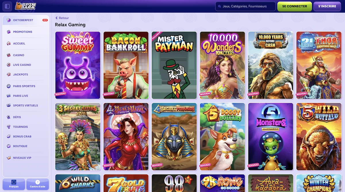jeux du studio RelaxGaming sur le casino Spinbara