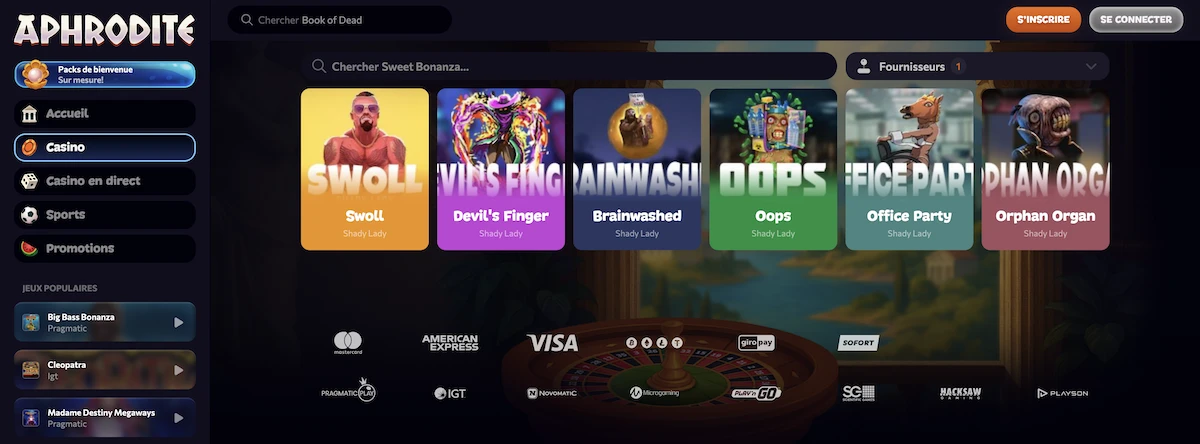 selection de jeux Shady Lady sur le casino en ligne Aphrodite Casino