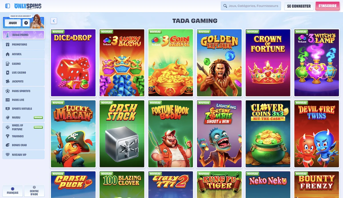 Sélection de jeux Tada Gaming sur Onlyspins
