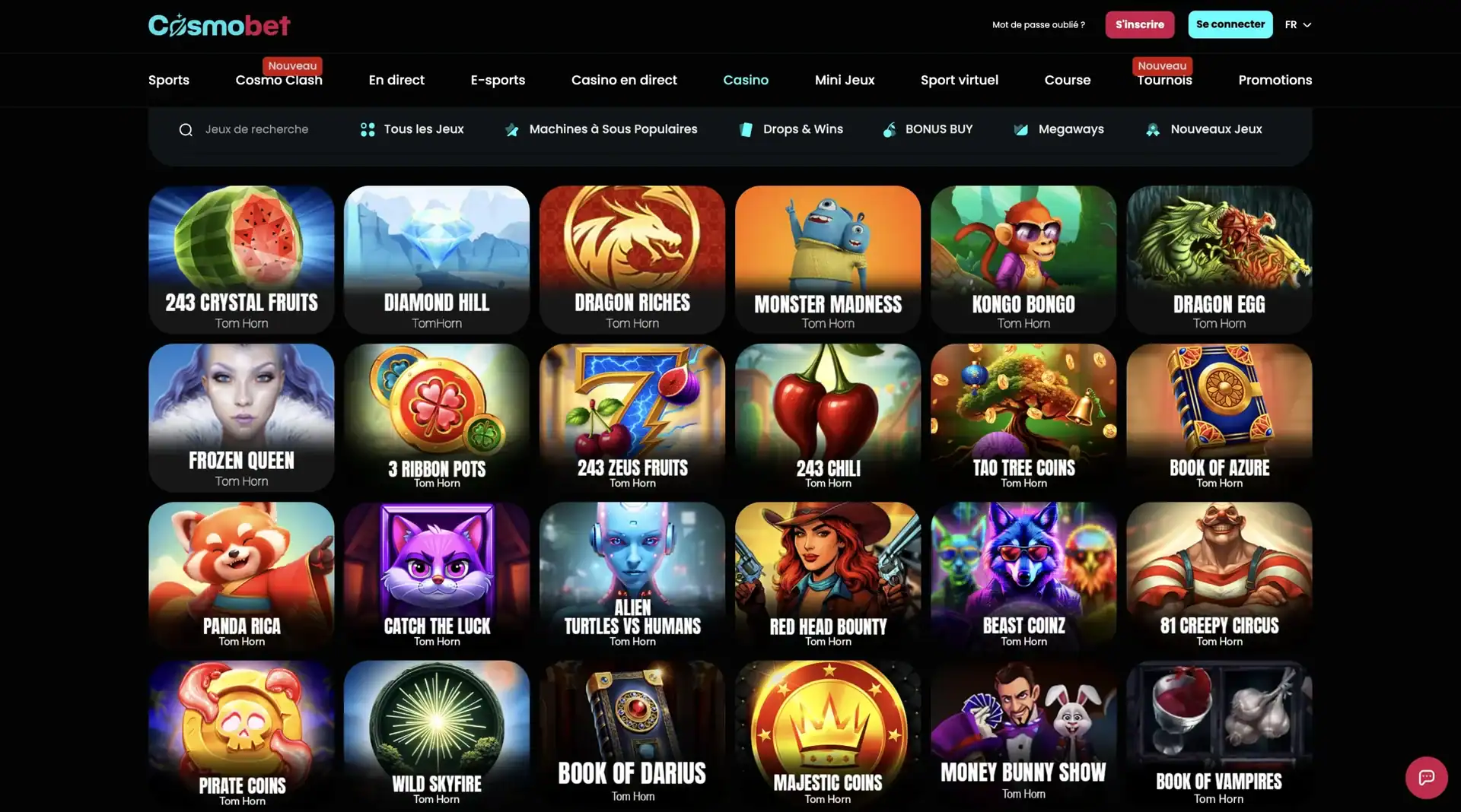 Selection de jeux Tom Horn Gaming sur le casino en ligne Cosmobet