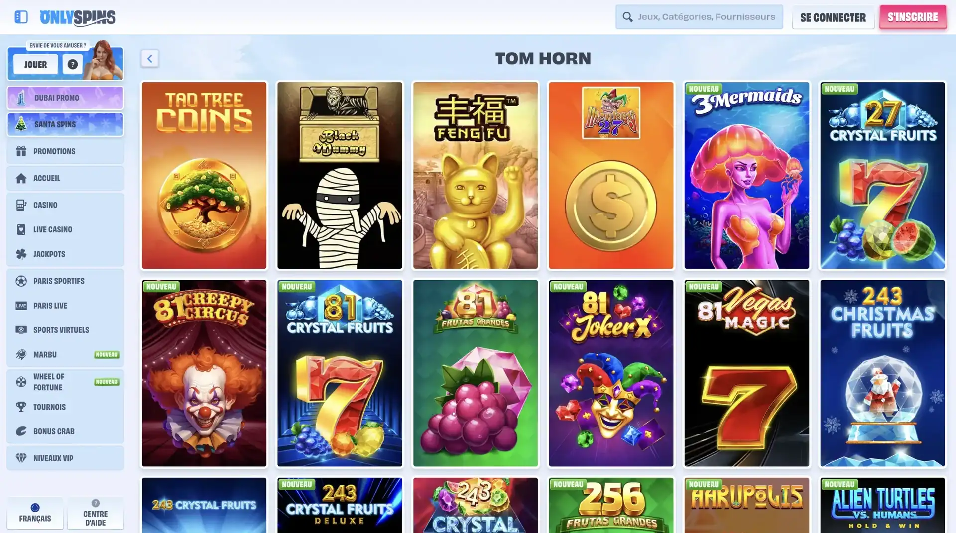 Selection de jeux Tom Horn Gaming sur le casino en ligne OnlySpins
