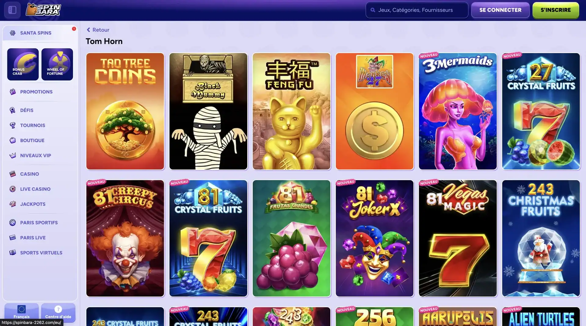 Selection de jeux Tom Horn Gaming sur le casino en ligne Spinbara