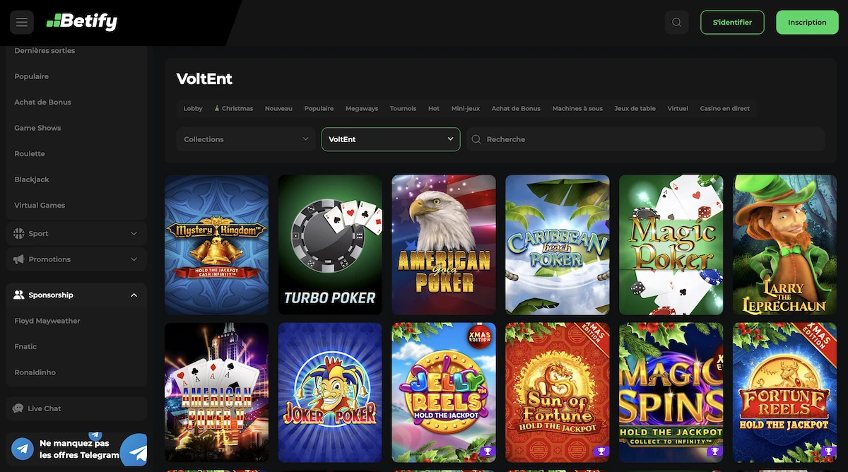 Selection de jeux VoltEnt sur le casino en ligne Betify
