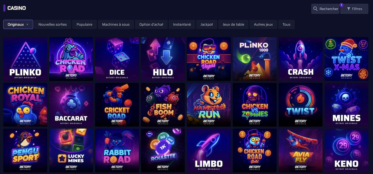 S&eacute;lection de mini-jeux Betory Casino affichant Plinko, Crash, Dice, Mines et autres jeux rapides sous forme de tuiles color&eacute;es
