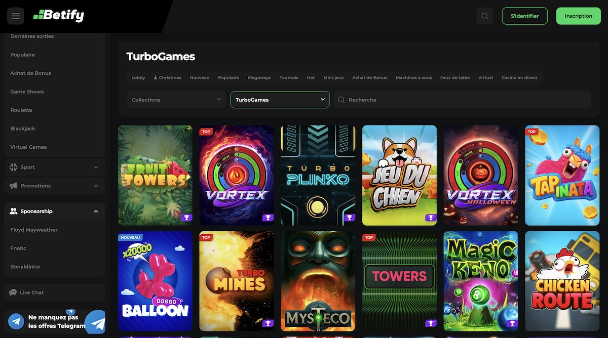 Sélection de jeux Turbo Games sur le casino en ligne Betify
