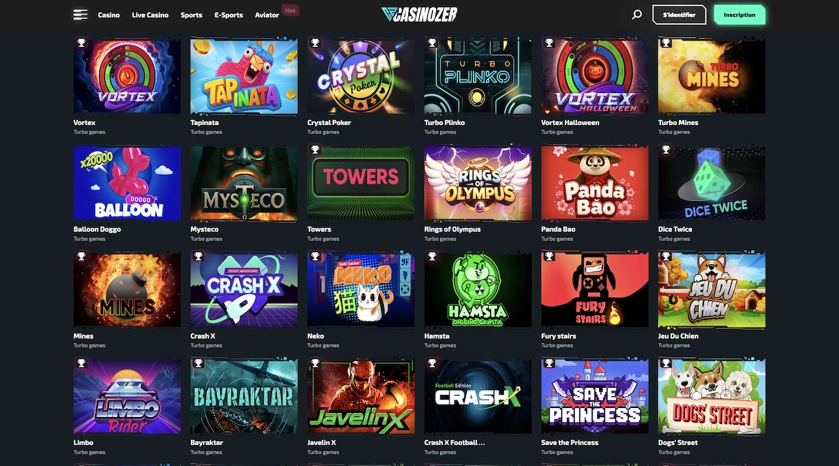 Sélection de jeux Turbo Games sur le casino en ligne Casinozer