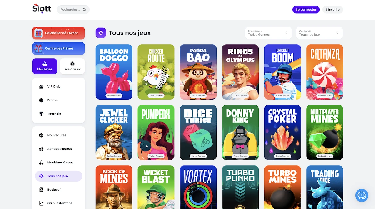 Sélection de jeux Turbo Games sur le casino en ligne Slott Casino