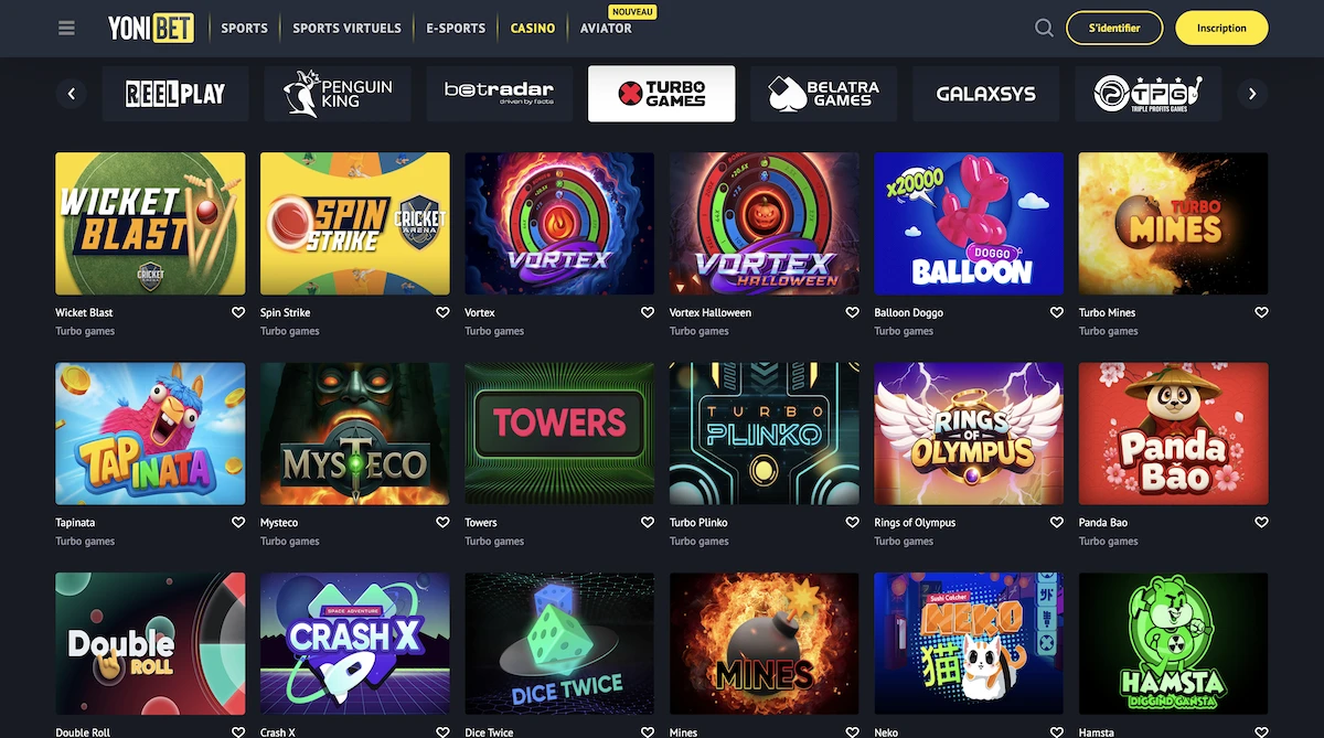 Sélection de jeux Turbo Games sur le casino en ligne Yoni Bet