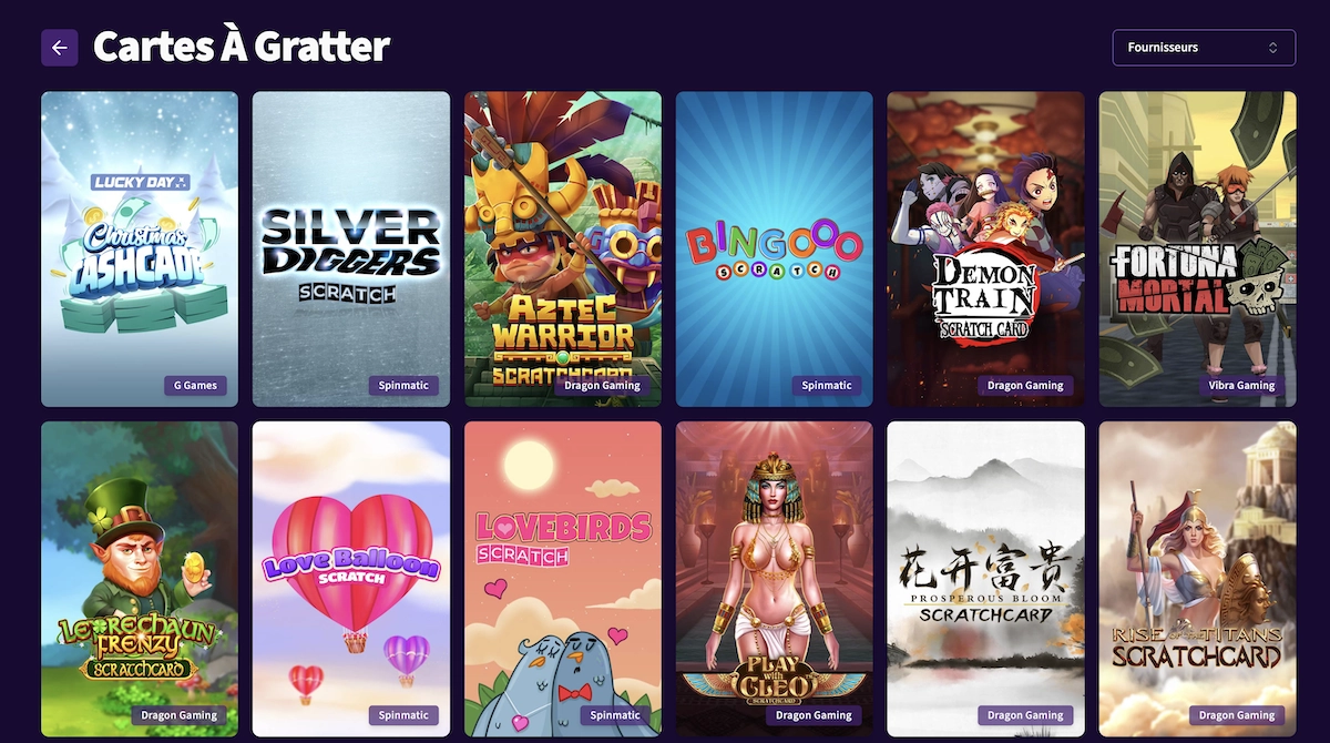 Présentation de la section jeux à gratter sur Haz Casino avec des jackpots affichés.