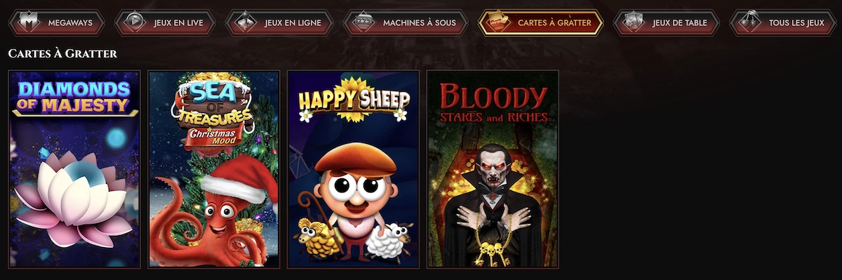 Liste des jeux de grattage proposés par Legiano Casino avec vignettes illustrées.