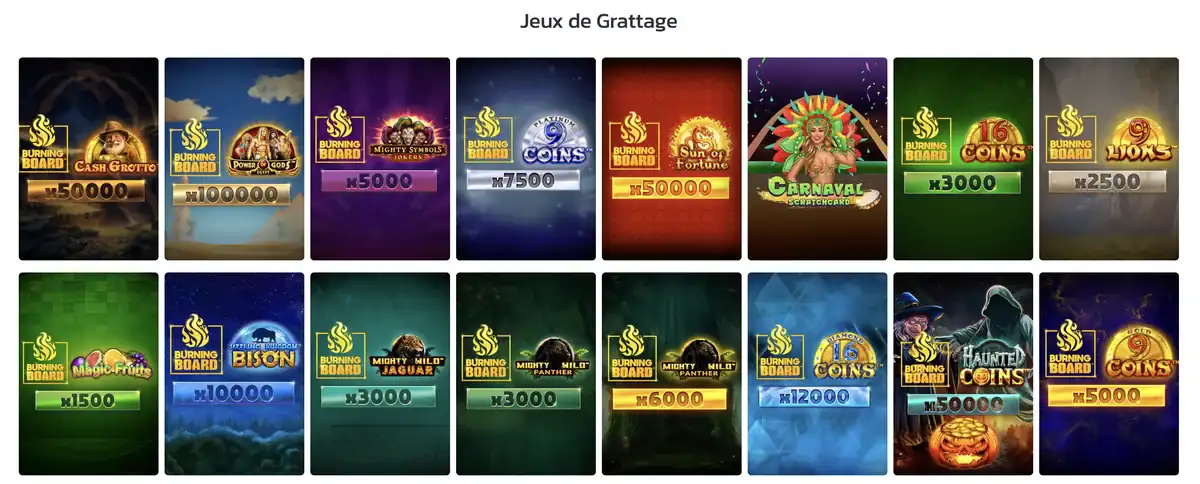 Sélection de jeux de cartes à gratter sur Lucky31 par Voltent, dont Burning Board Cash Grotto, Power of Gods et Carnaval Scratchcard.