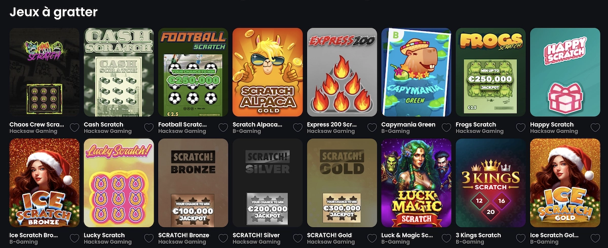 Aperçu des jeux de grattage disponibles sur MonacoJack Casino avec plusieurs options populaires.