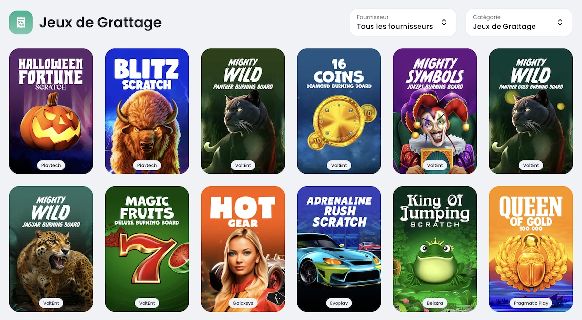 Vitrine des jeux de grattage proposés sur Slott Casino avec différents thèmes visuels.