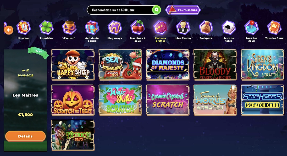 Page de Wazamba Casino affichant plusieurs cartes à gratter aux designs variés.