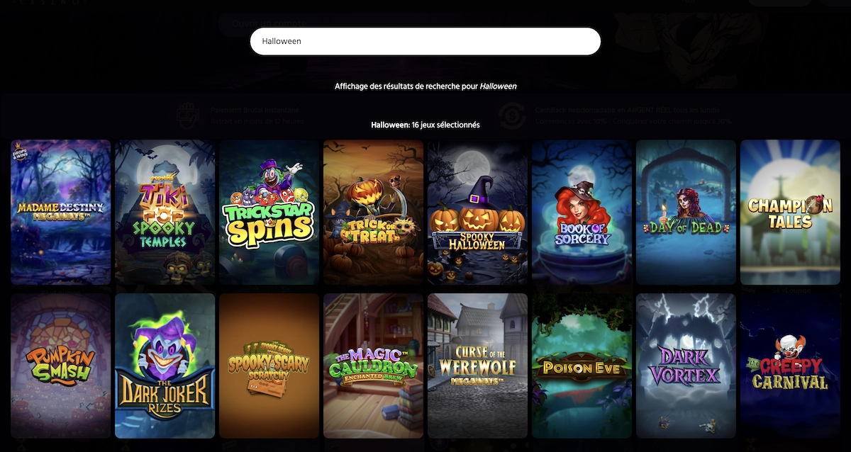Jeux Halloween sur Brutal Casino avec Trick or Treat, Spooky Halloween et Curse of the Werewolf Megaways.