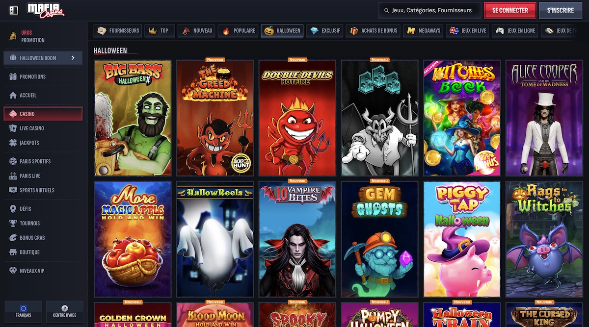 Page des jeux Halloween sur Mafia Casino avec Big Bass Halloween, Double Devils Hotfire et Witches Book.
