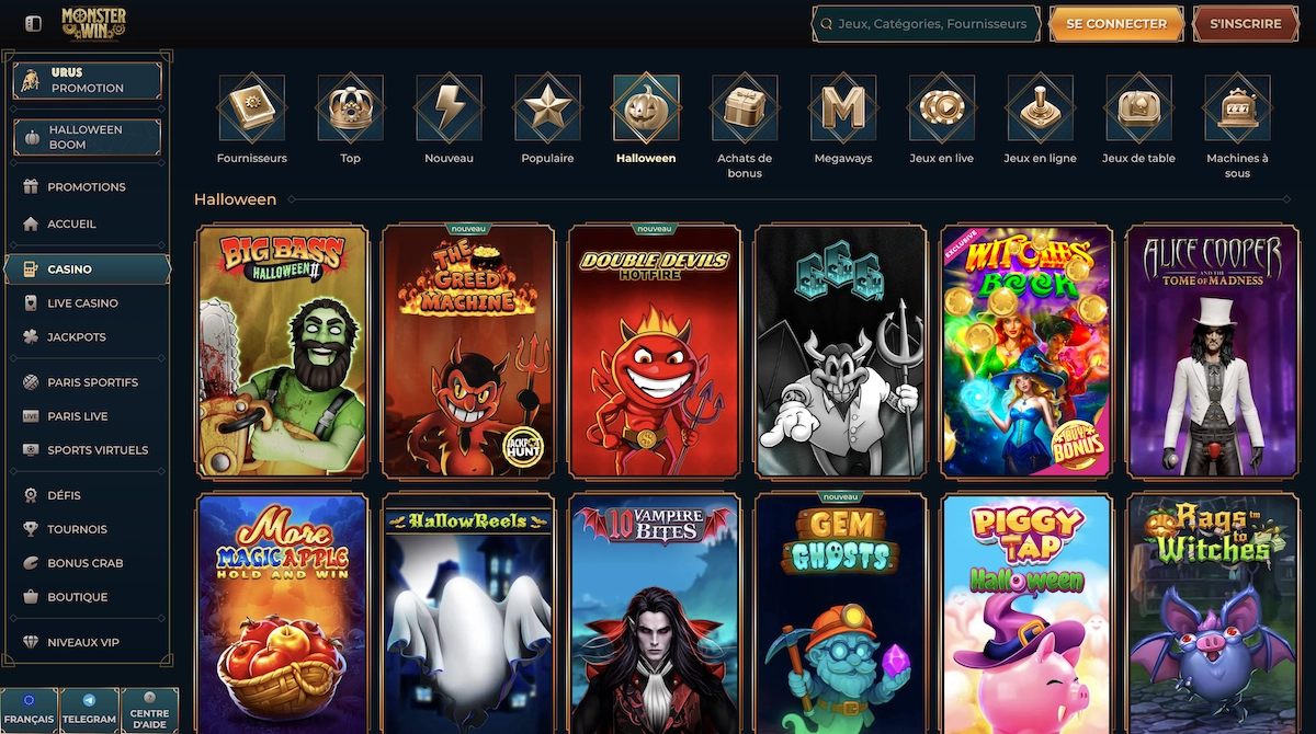 Sélection spéciale Halloween sur Monsterwin Casino incluant les jeux The Greed Machine, Gem Ghosts et Rags to Witches.