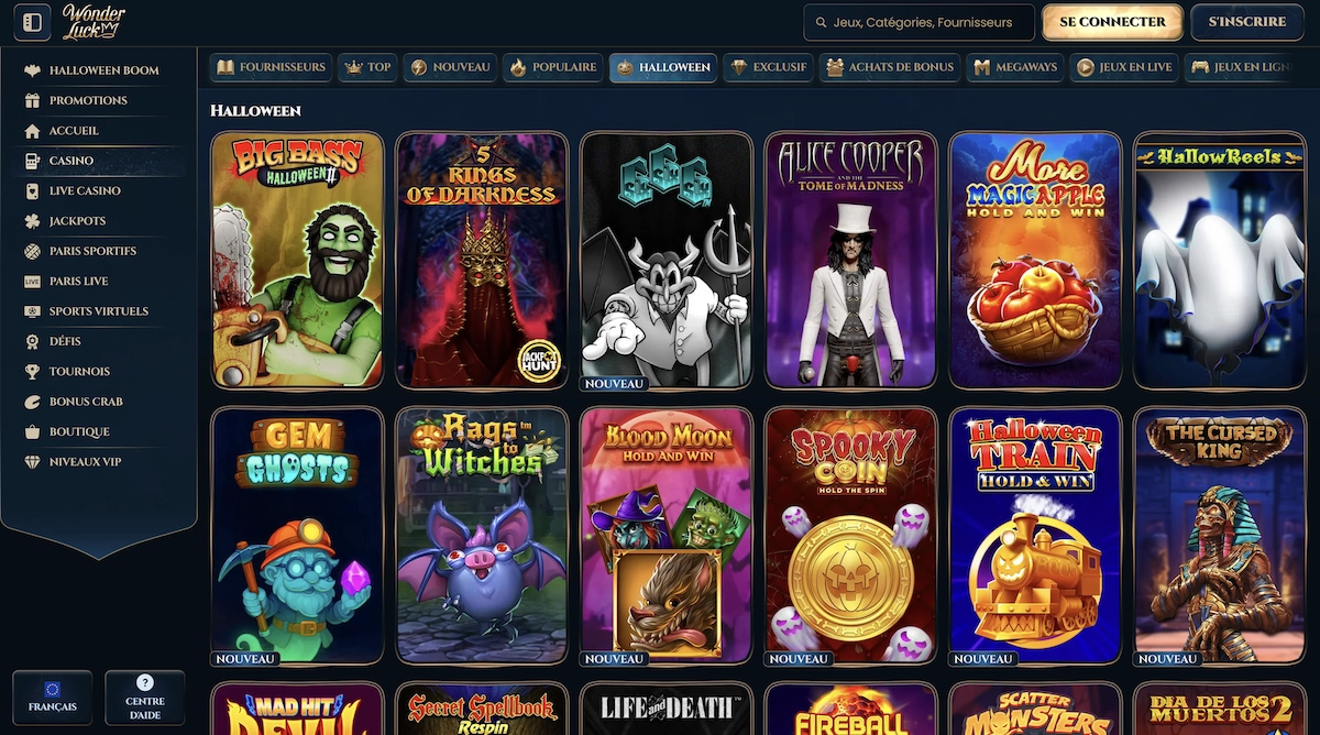 Collection de jeux Halloween sur Wonderluck Casino avec les titres Big Bass Halloween, Blood Moon Hold and Win et Spooky Coin.