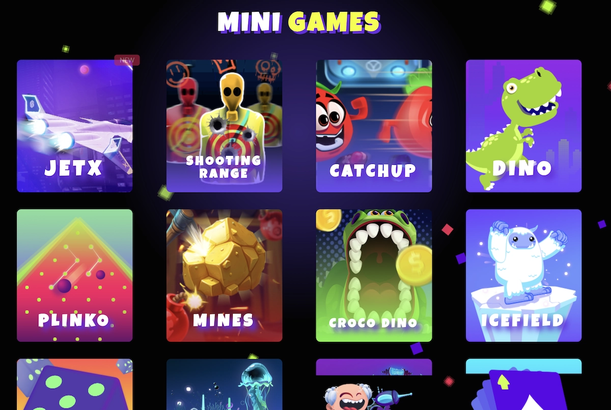 Page des mini-jeux Cosmobet Casino affichant JetX, Mines, Plinko et Dino avec visuels colorés