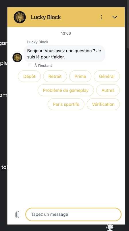 Fen&ecirc;tre de chat en direct sur Lucky Block avec un chatbot disponible en fran&ccedil;ais pour aider les joueurs de casino crypto