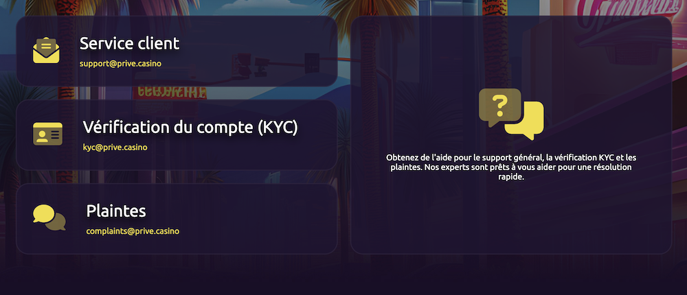 details pour contacter le service client de prive casino