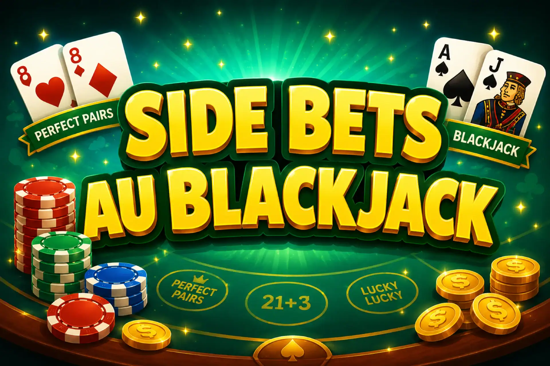 Illustration de la page sur les side bets au blackjack avec une paire de 8, une main blackjack As et Valet, des jetons de casino et les mises Perfect Pairs, 21+3 et Lucky Lucky sur le tapis.