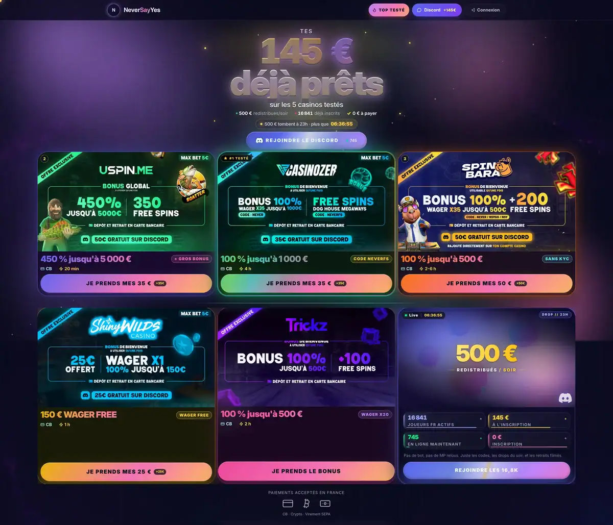 Page d'accueil du site nsygg.net de NeverSayYes avec 5 casinos testés, des bonus exclusifs et 16 841 membres inscrits.