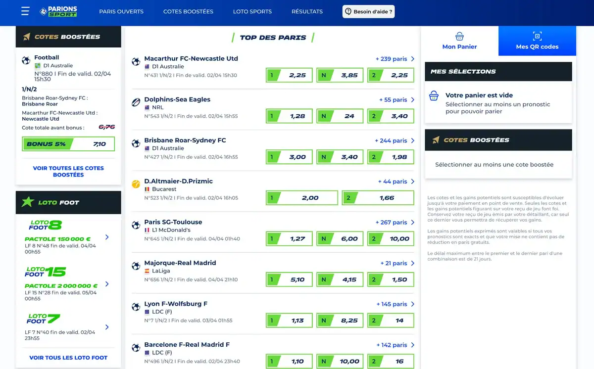 Page d'accueil du site de paris sportifs Parions Sport de la FDJ avec les cotes et les matchs disponibles.